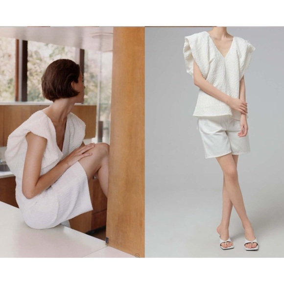 CO Avery Linen Crepe Pleated Cap Sleeve Textured Jacquard V Neck Blouse Top NEW - Picture 8 of 16